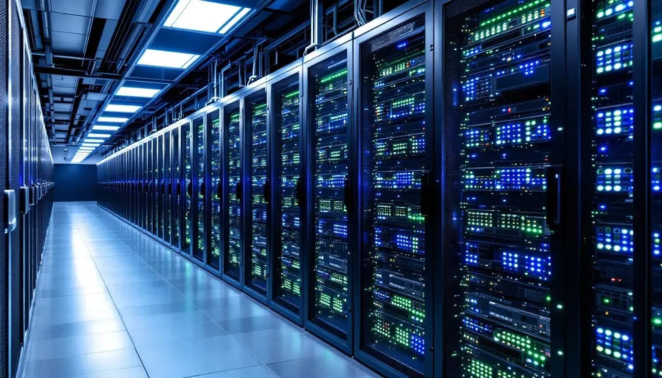 A long corridor inside a data center lined with tall server racks on both sides, their status lights glowing blue and green under overhead lighting.