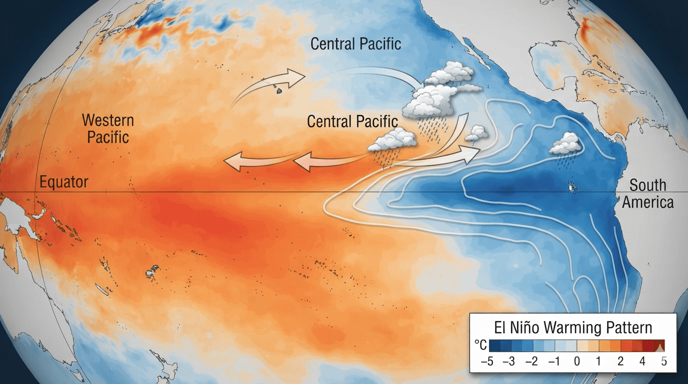 Illustration of El Map showing unusually warm Pacific Ocean temperatures associated with El Niño