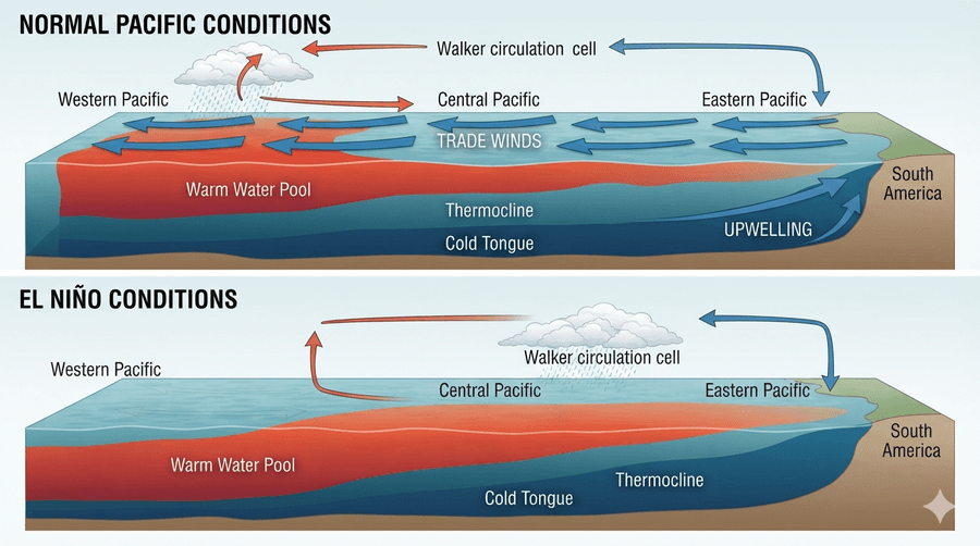 illustration showing how El Niño shifts warm Pacific Ocean water eastward
